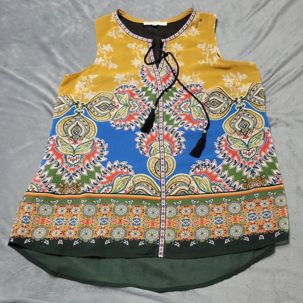 Danielrainn Blouse Women Medium Green Shirt Sleeveless Top Deep V Neck Embroider